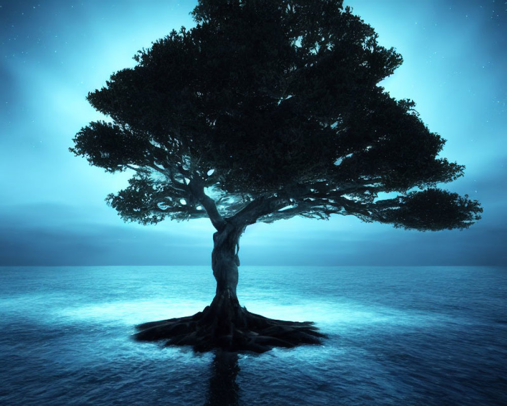 Serene blue tone starlit night sky with solitary tree on water island