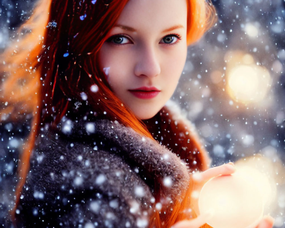 Red-Haired Woman Holding Glowing Orb in Snowfall