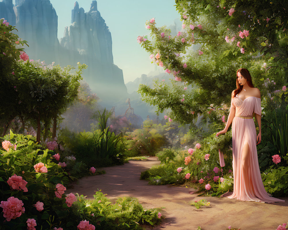 Woman in Flowing Dress Surrounded by Garden Path and Mountains