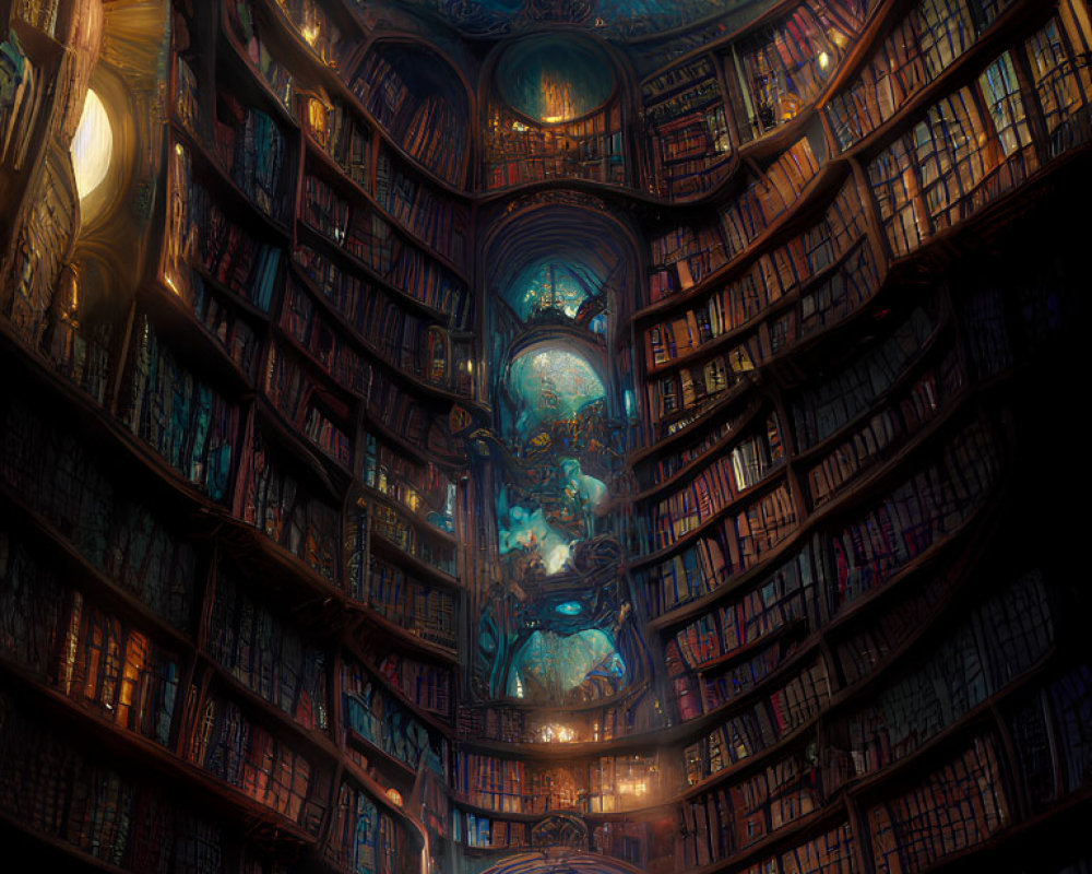 Fantastical library with towering bookshelves and mystical figures