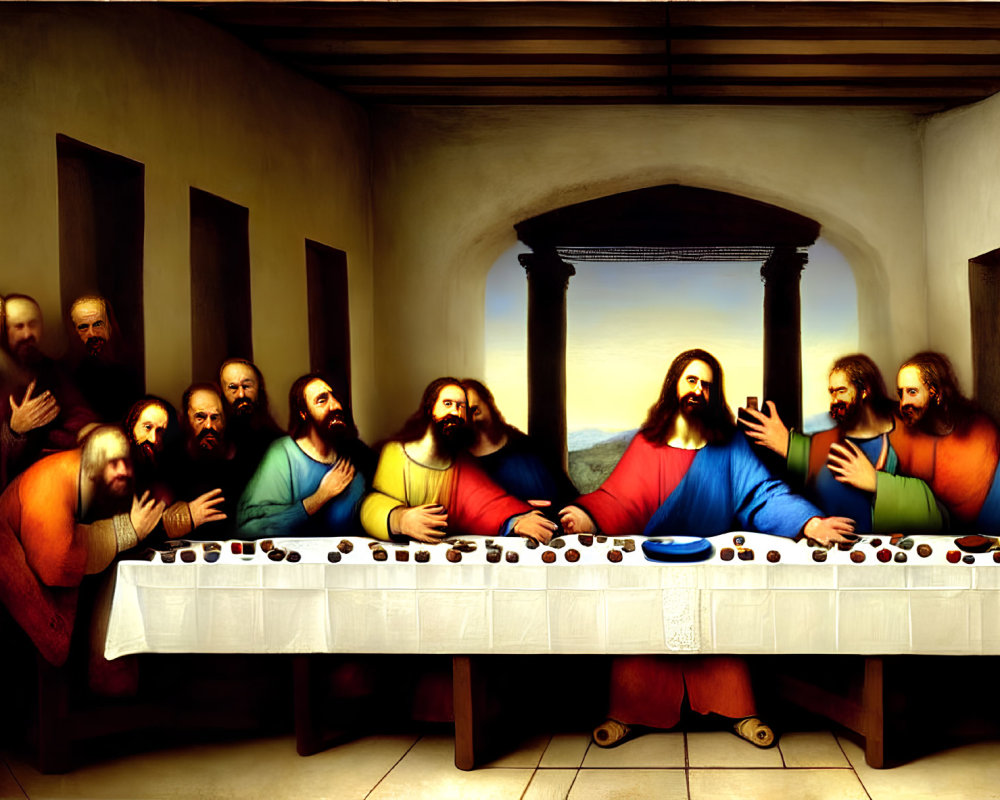 Religious painting of The Last Supper with Jesus and twelve disciples at long table in room with arch