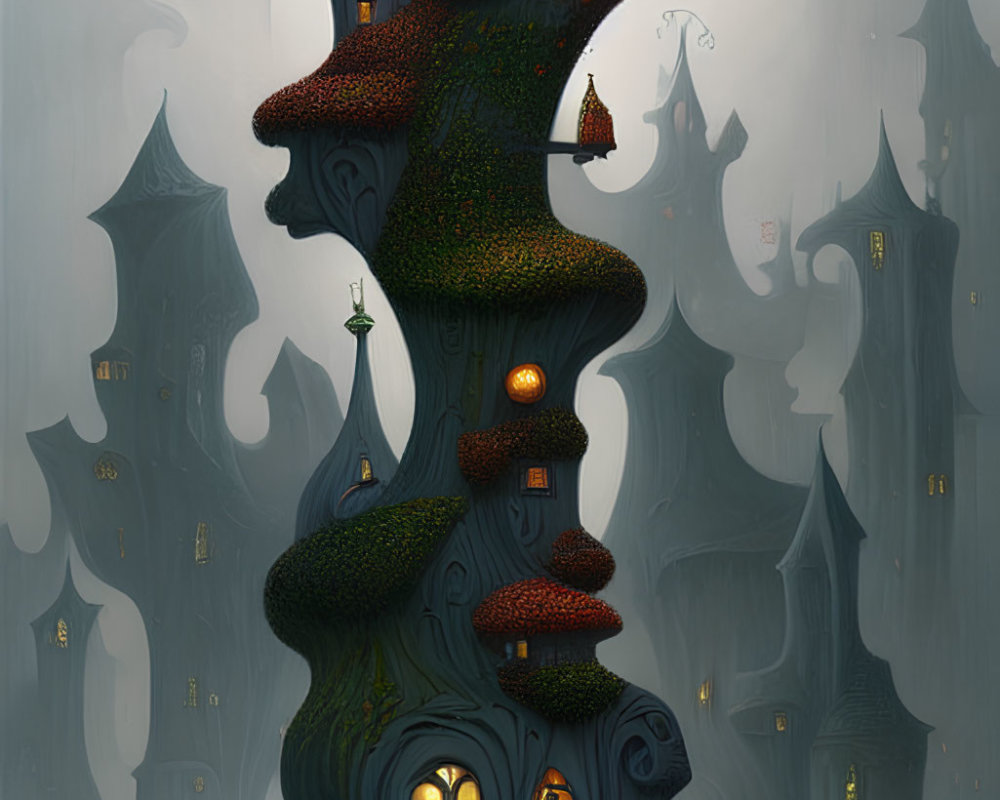 Illustration of towering fantasy house with winding staircases in misty forest.