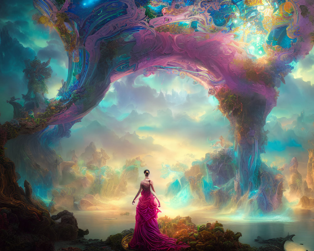 Woman in pink dress under ornate arch in vibrant, ethereal landscape