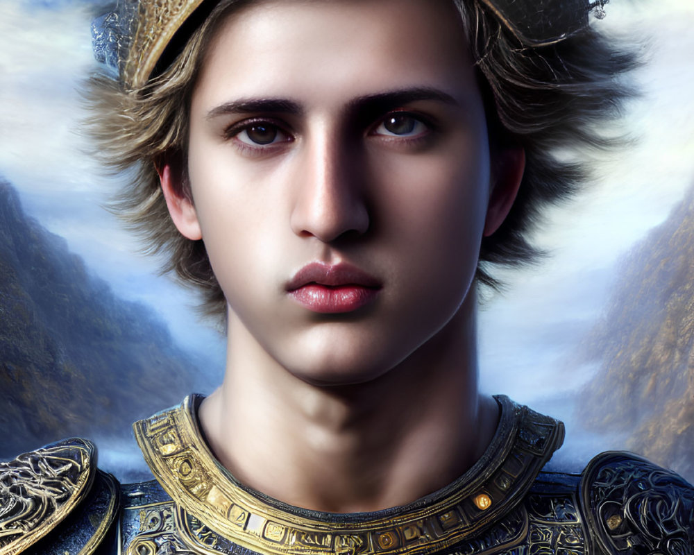 Digital Artwork: Young Person in Golden Crown and Blue Armor against Mountainous Background