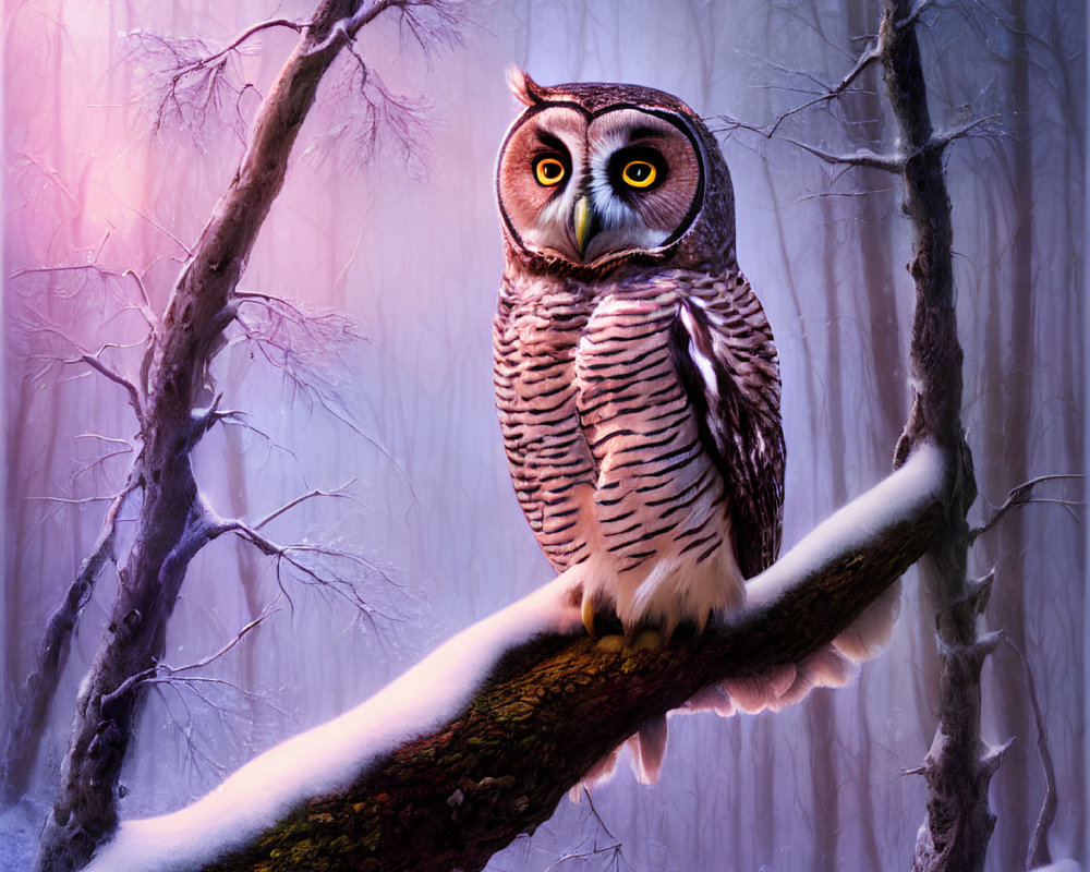 Owl perched on snowy forest branch with purple and pink hues