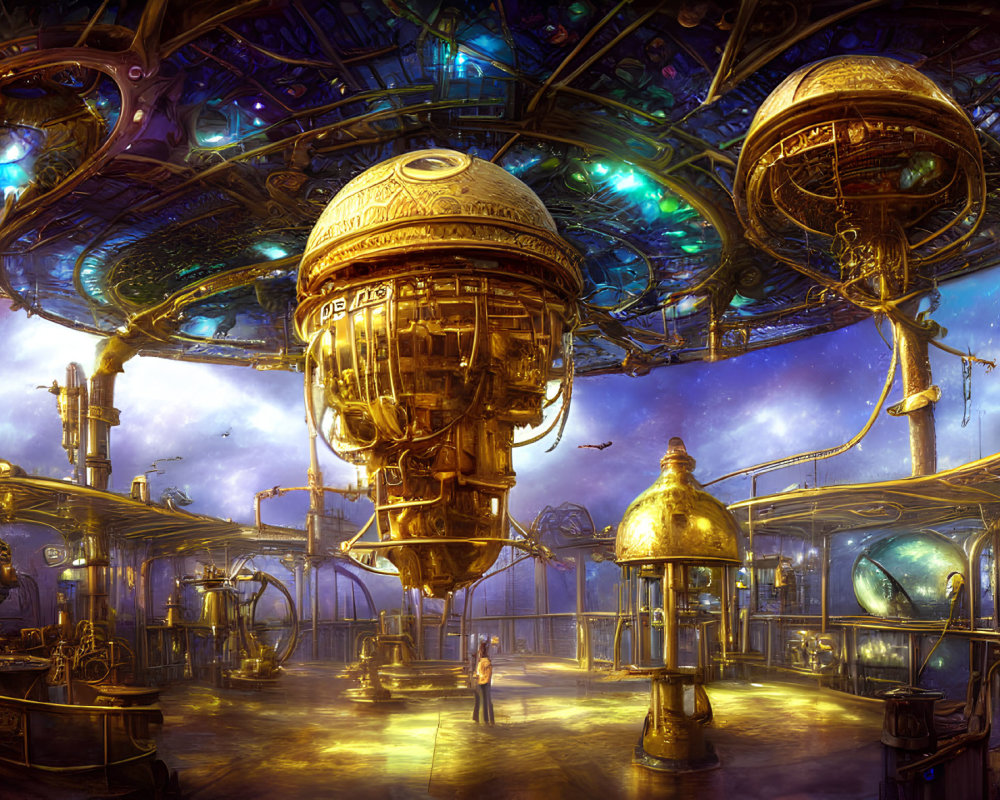 Steampunk interior with ornate spherical structure and cosmic backdrop