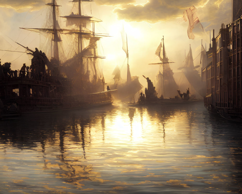 Vibrant golden sunset over bustling harbor with tall ships and dynamic skies