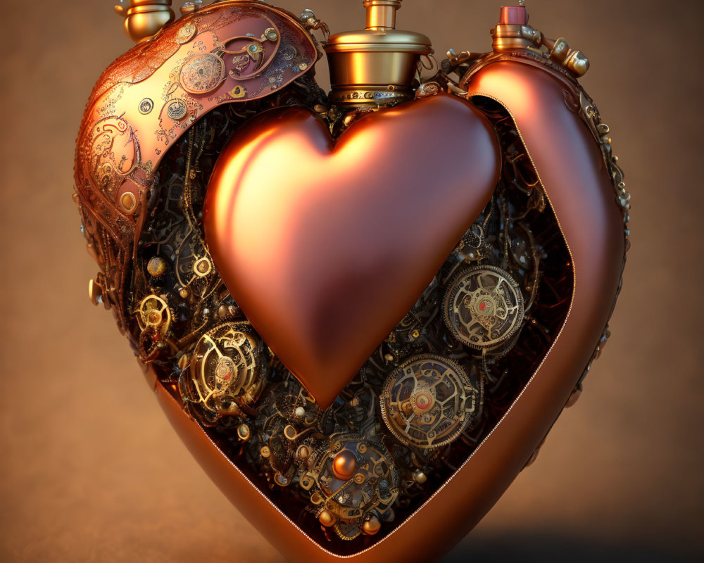 Steampunk heart with gears and metallic decorations on warm background