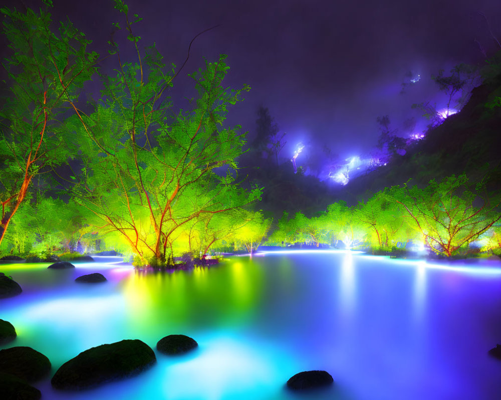 Ethereal scene of glowing blue water and illuminated trees in misty forest