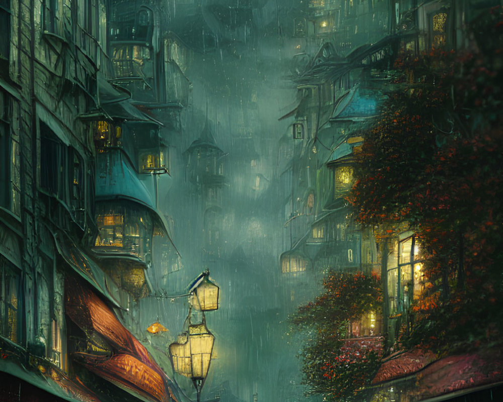 Moody cityscape with rain-soaked cobblestone street, illuminated buildings, umbrella holder, and