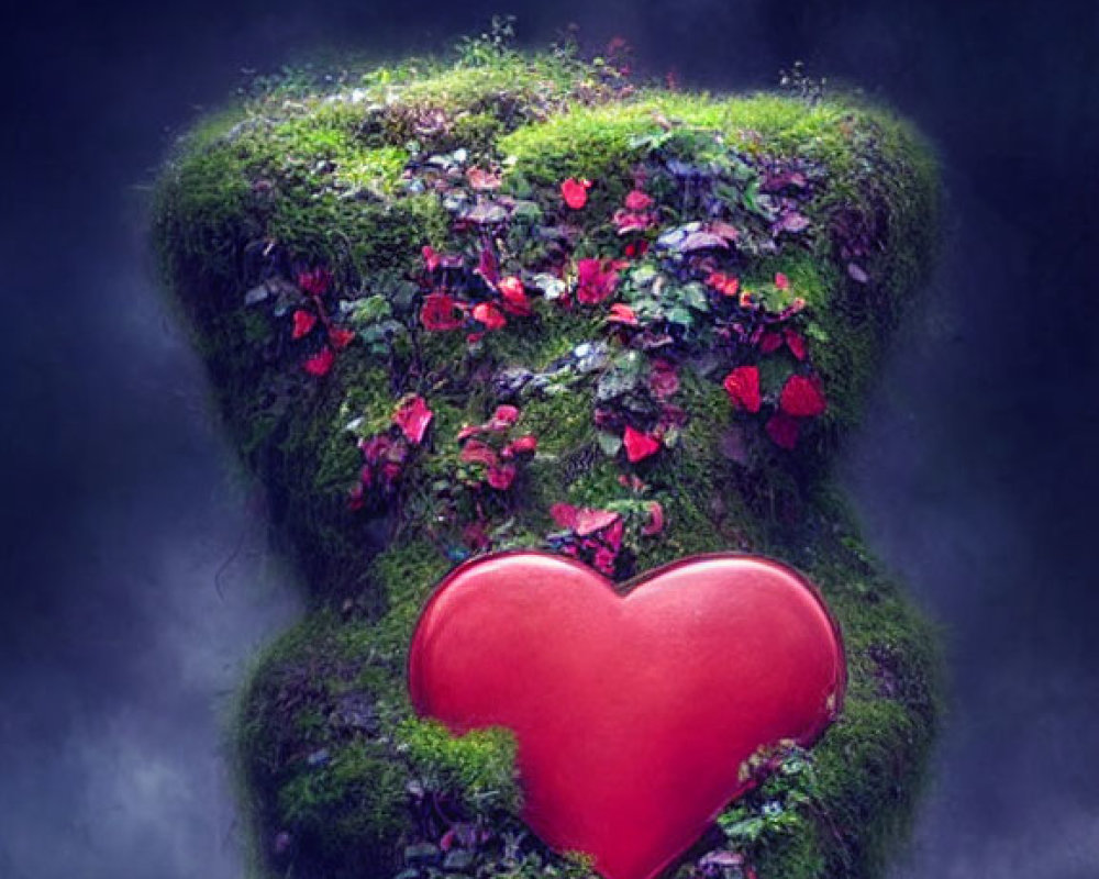 Heart-shaped island with lush green moss and vibrant flowers, red heart center, mystical fog.