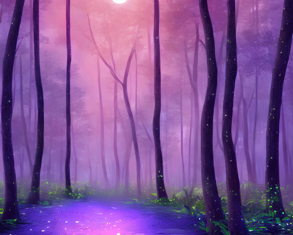 Mystical forest with tall trees, purple fog, luminous path, and bright moon