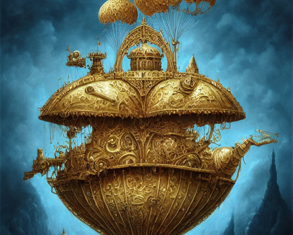 Detailed steampunk airship with brass embellishments and propellers in cloudy sky