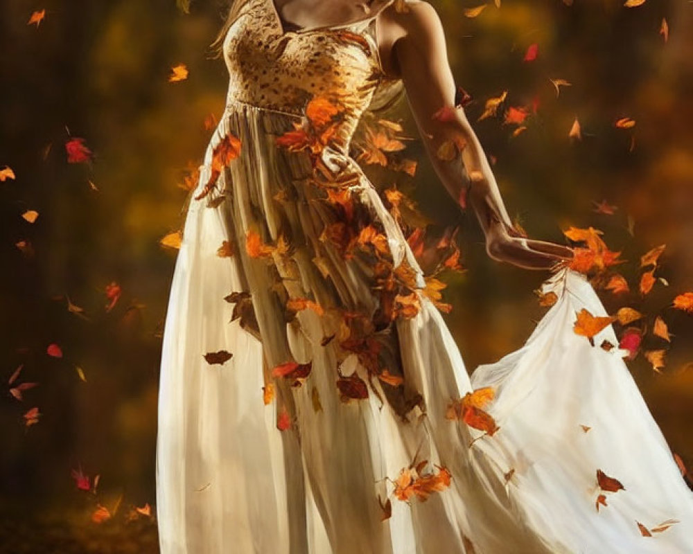 Woman in elegant dress surrounded by autumn leaves in golden forest