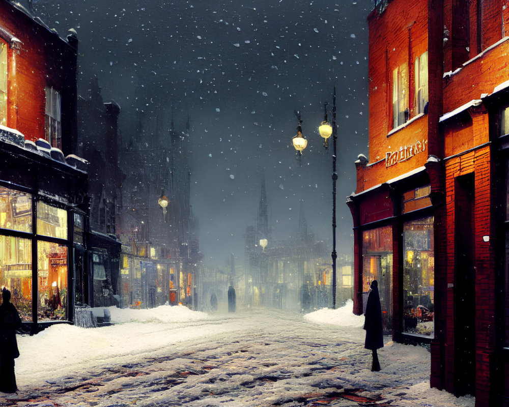 Snowy Evening Scene: Old-Fashioned Street with Lamp Posts, People, and Cozy Shops