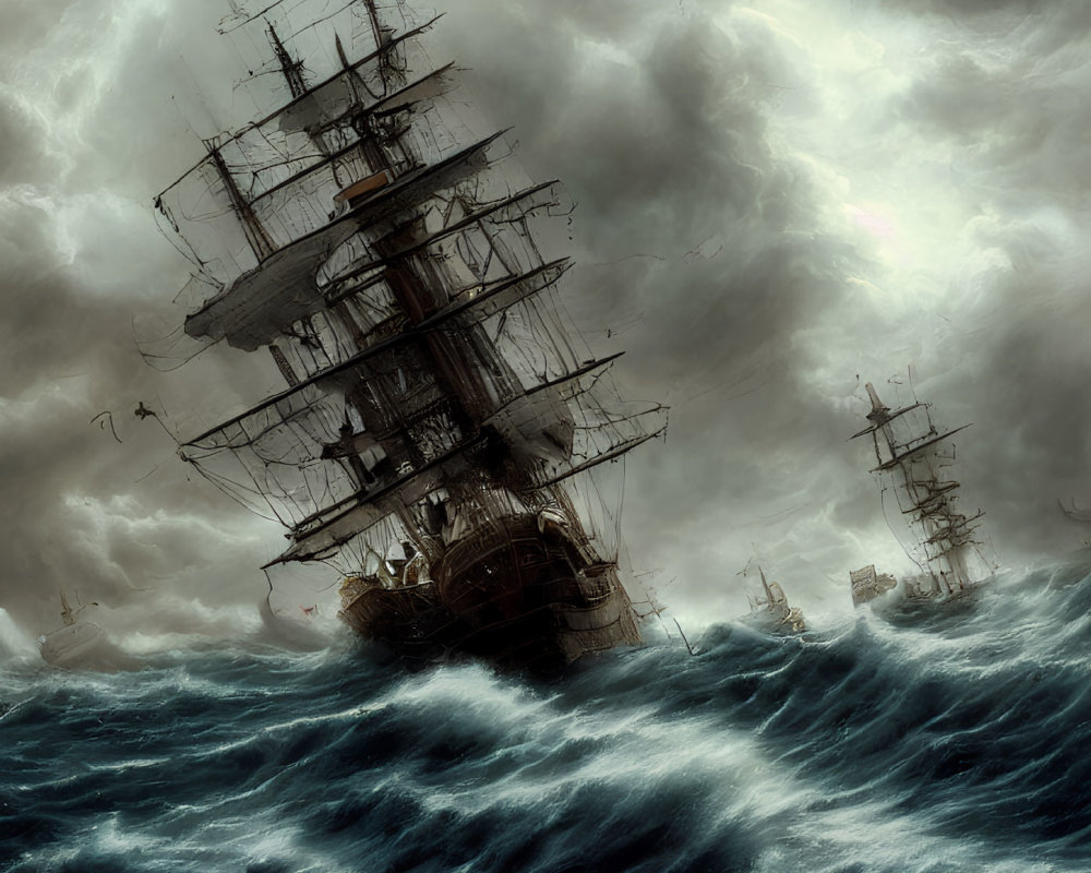 Tall Ships Battling Harsh Seas Under Ominous Clouds