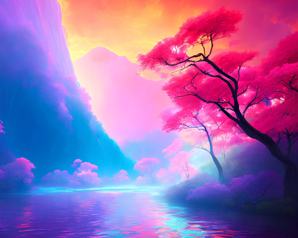 Colorful fantasy landscape with pink and blue sky, glowing river, and mountain backdrop