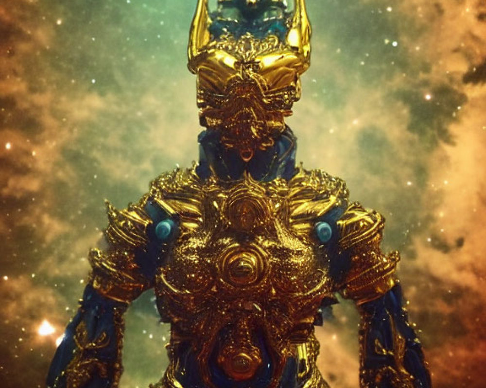 Golden figurine with intricate details on cosmic starry background