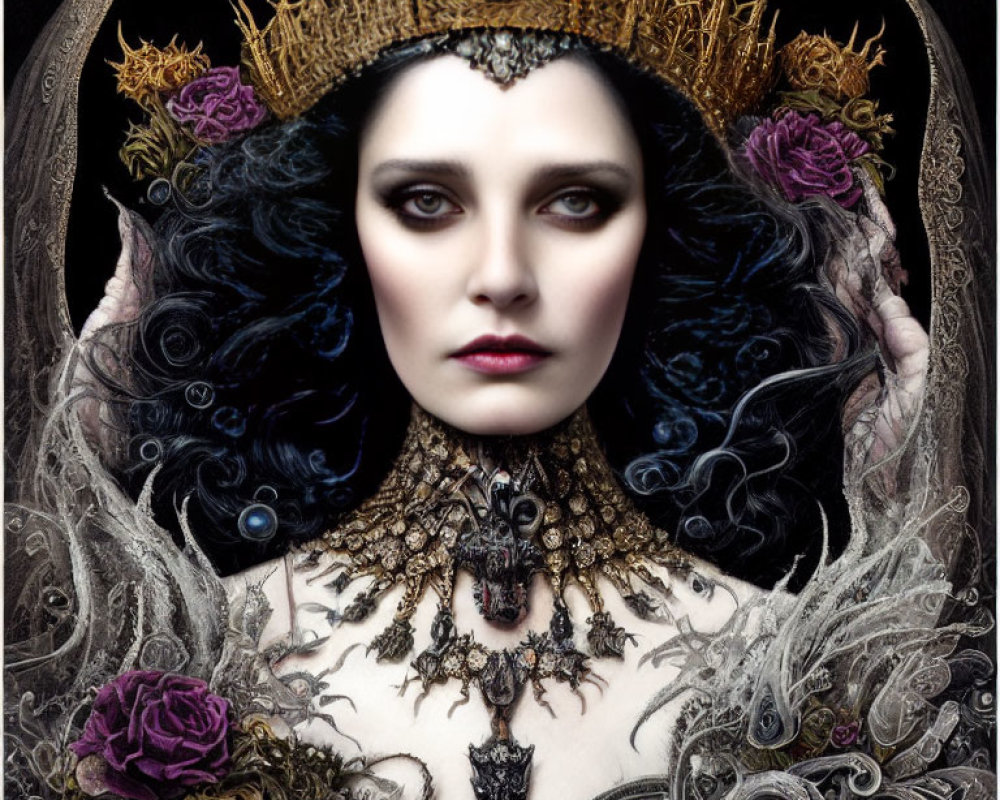 Regal woman with golden crown and dark hair among black and purple roses