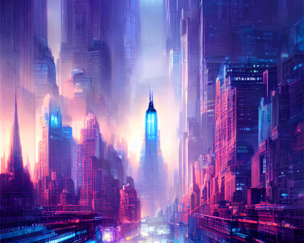 Vibrant futuristic cityscape with neon lights and skyscrapers