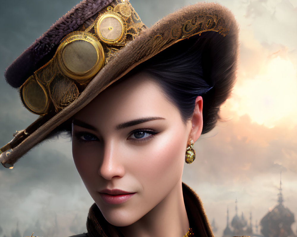 Digital portrait of a woman in steampunk-inspired attire with gears, feathered hat, and gold