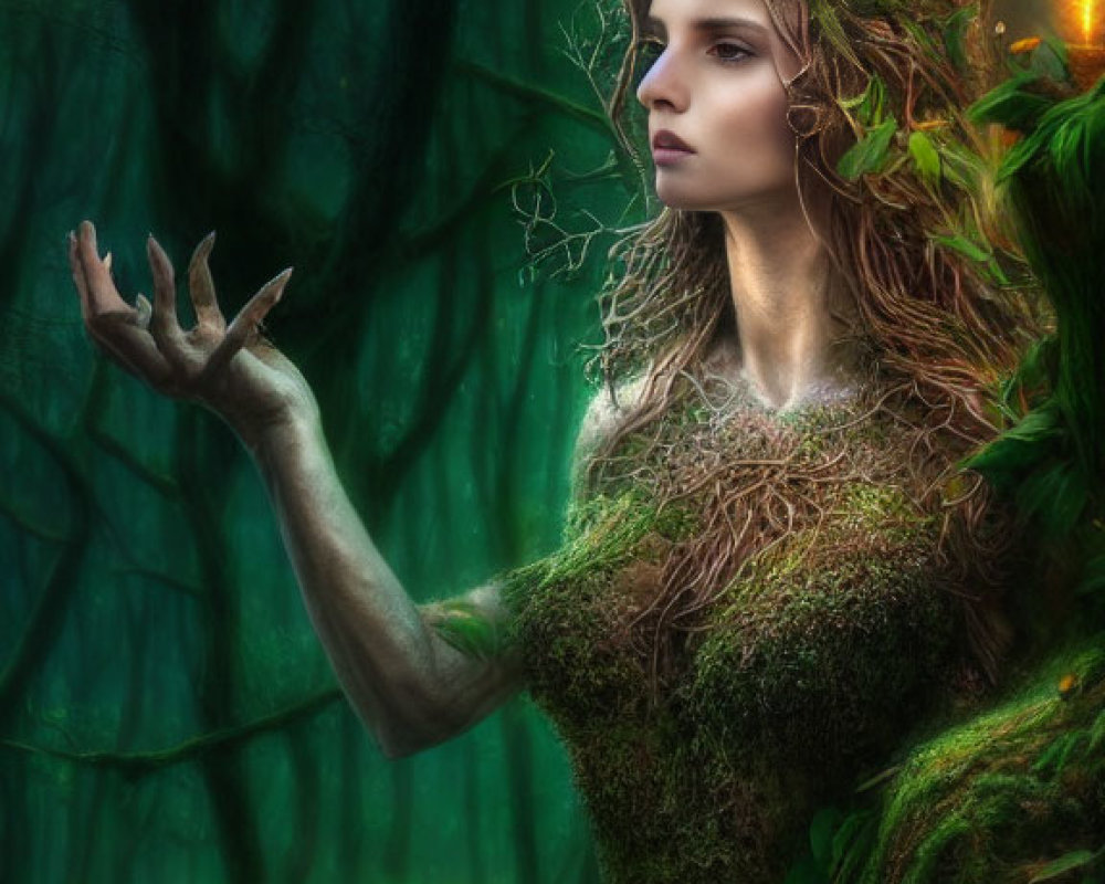 Forest Spirit Woman with Branches and Moss in Ethereal Woodland