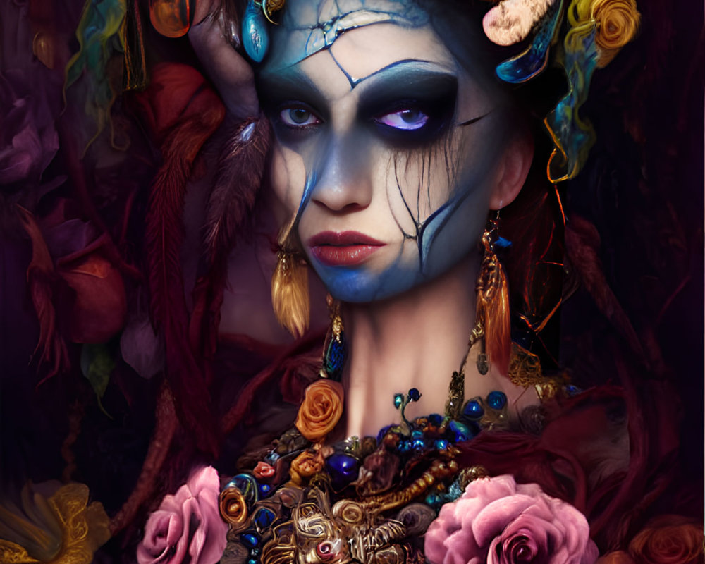 Elaborate fantasy makeup with blue skin, roses, feathers, ornate jewelry