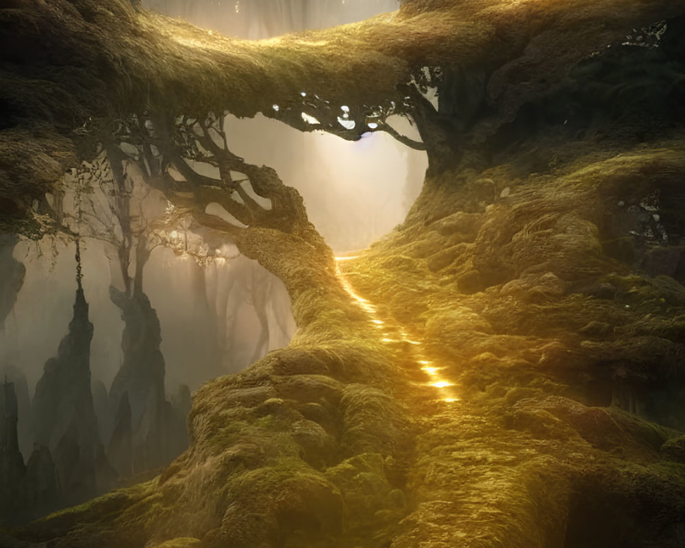 Mystical forest scene with glowing path, tranquil water, and fog