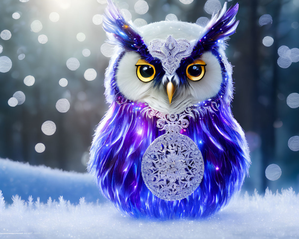 Colorful Stylized Owl Illustration in Snowy Scene