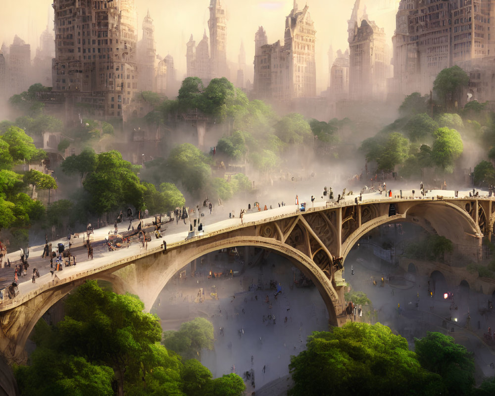 Ornate bridge over river in misty cityscape