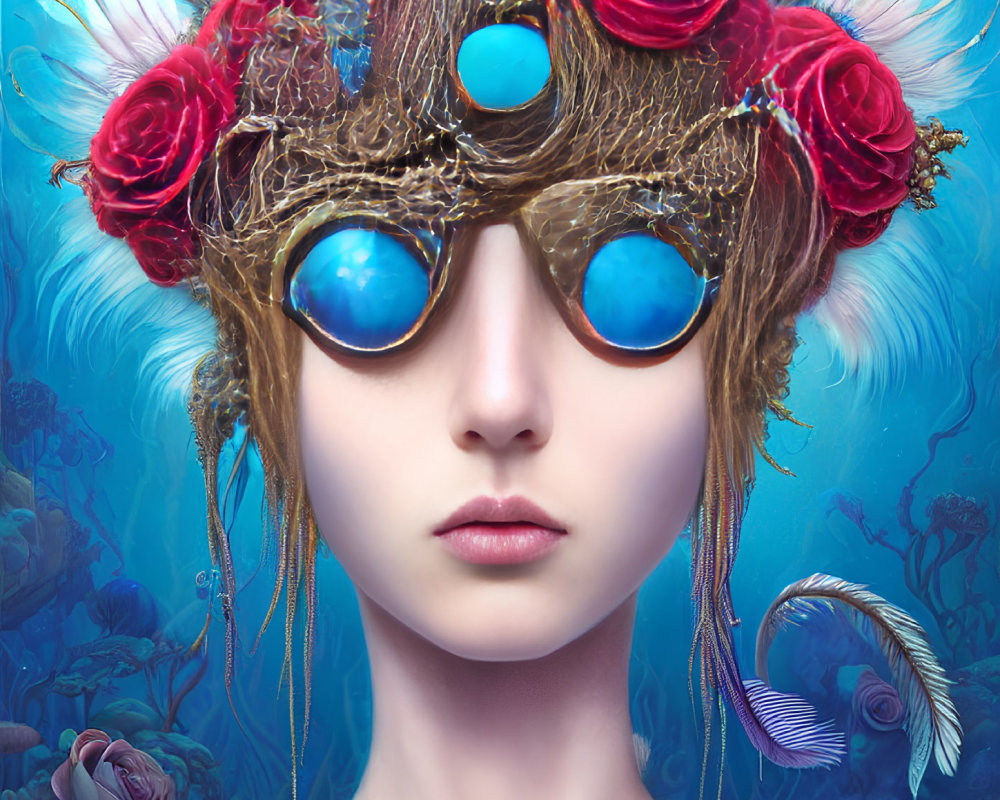 Fantastical underwater portrait of a female figure with crown of roses and feathers