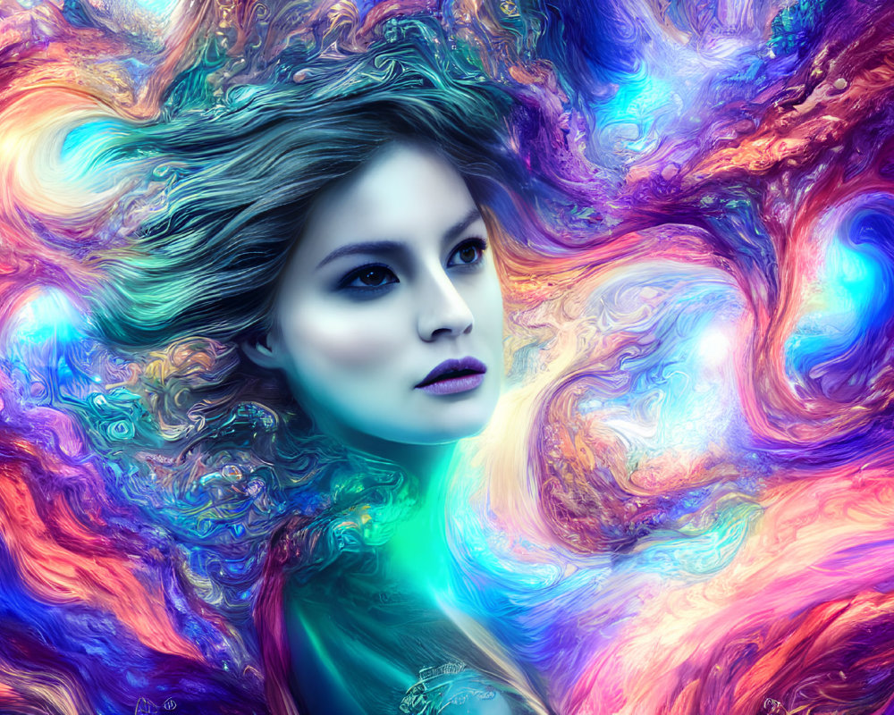 Vibrant cosmic colors swirl around a serene woman's face