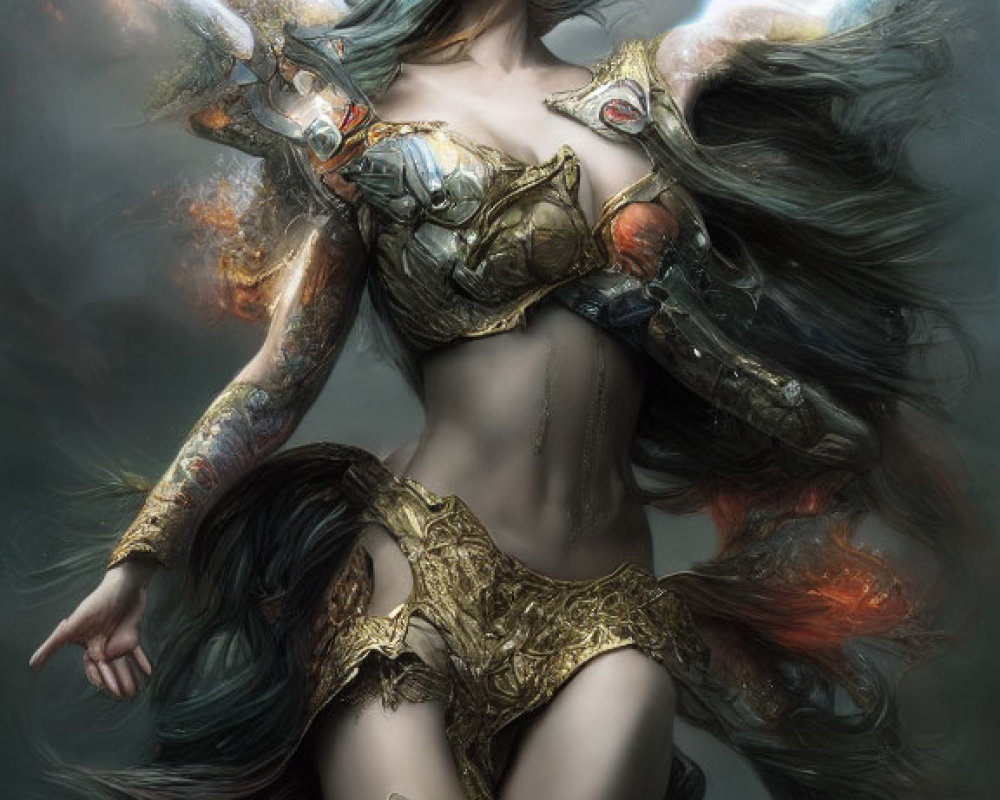 Female warrior in ornate gold armor with flowing hair under lightning strike.