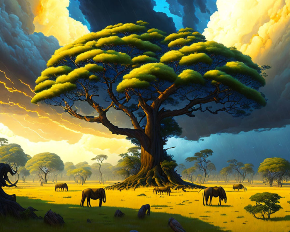 Majestic tree with lush canopy in savannah landscape with grazing elephants