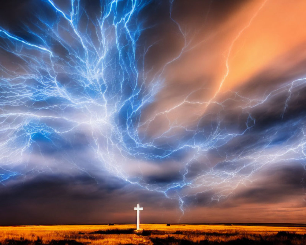 Dramatic sky with lightning over solitary cross in golden field