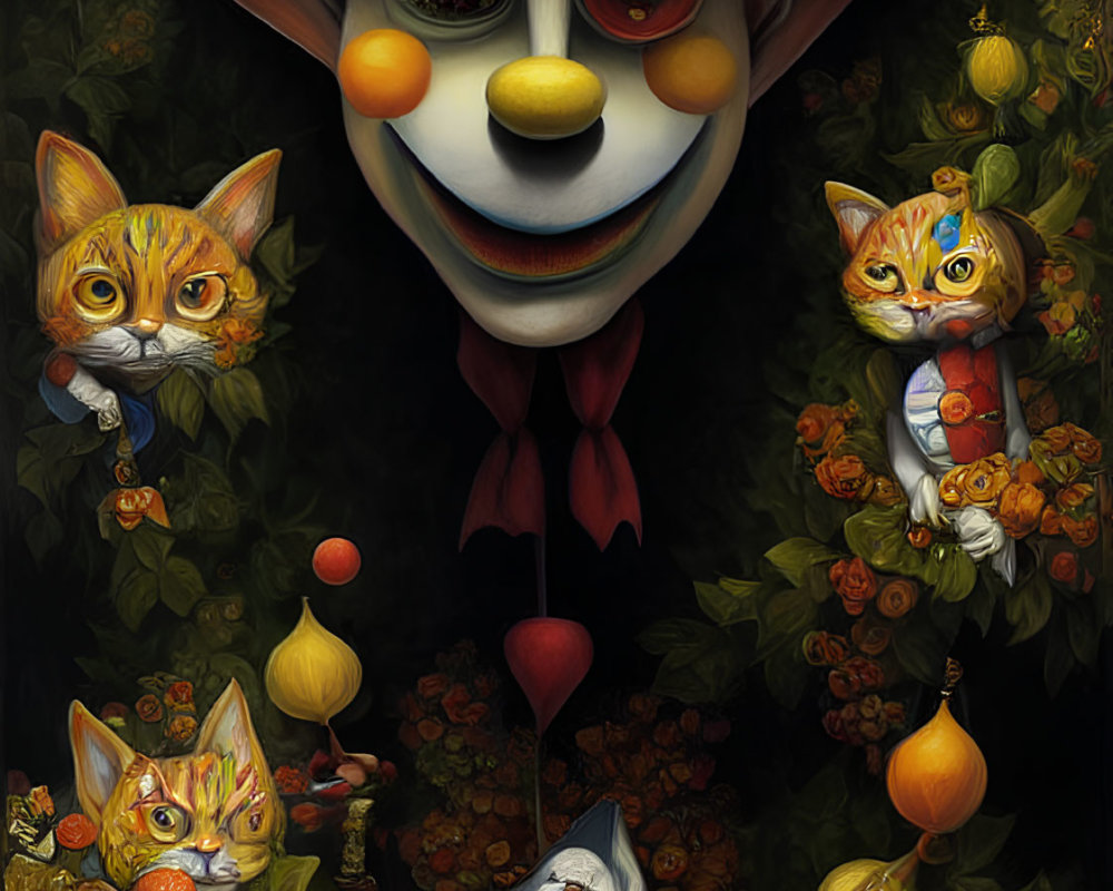 Surreal oversized clown face with anthropomorphic cats in intricate detail