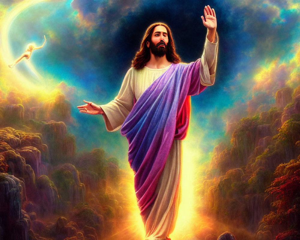 Digital artwork of Jesus in white and purple robes with outstretched arms in a heavenly setting