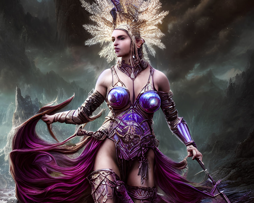 Regal figure in purple and silver armor with sword against mountain backdrop