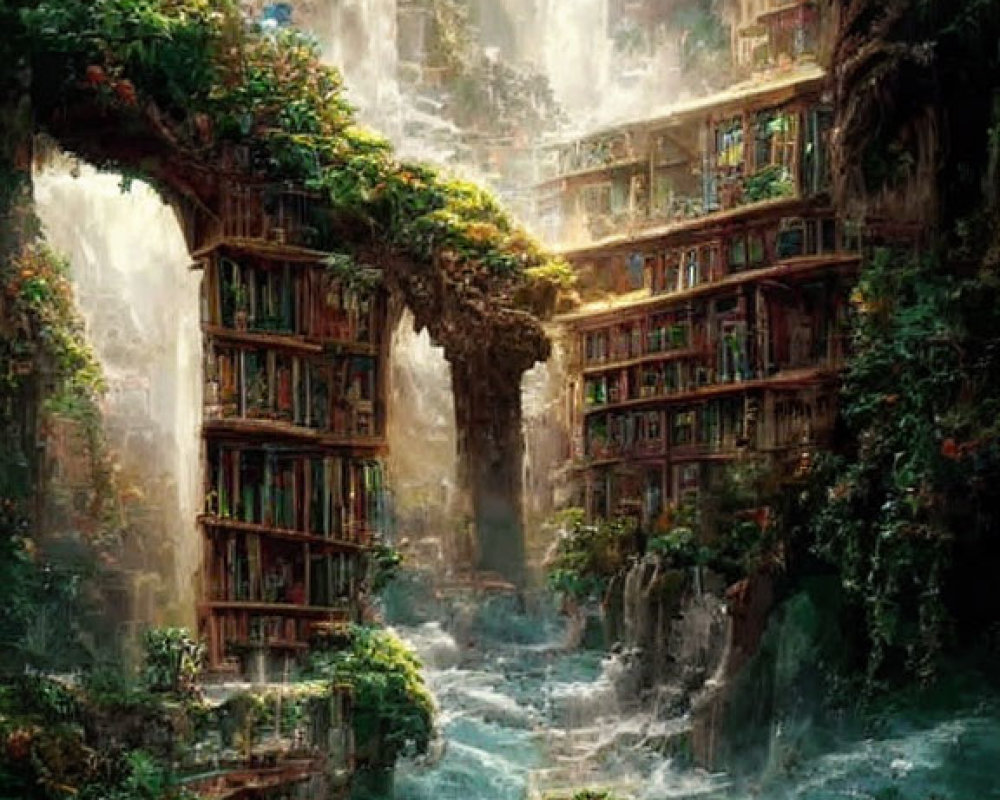 Mystical library on waterfall cliff with carved bookshelves & bridges