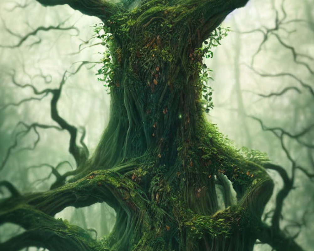 Mystical tree spirit with glowing heart in foggy woodland