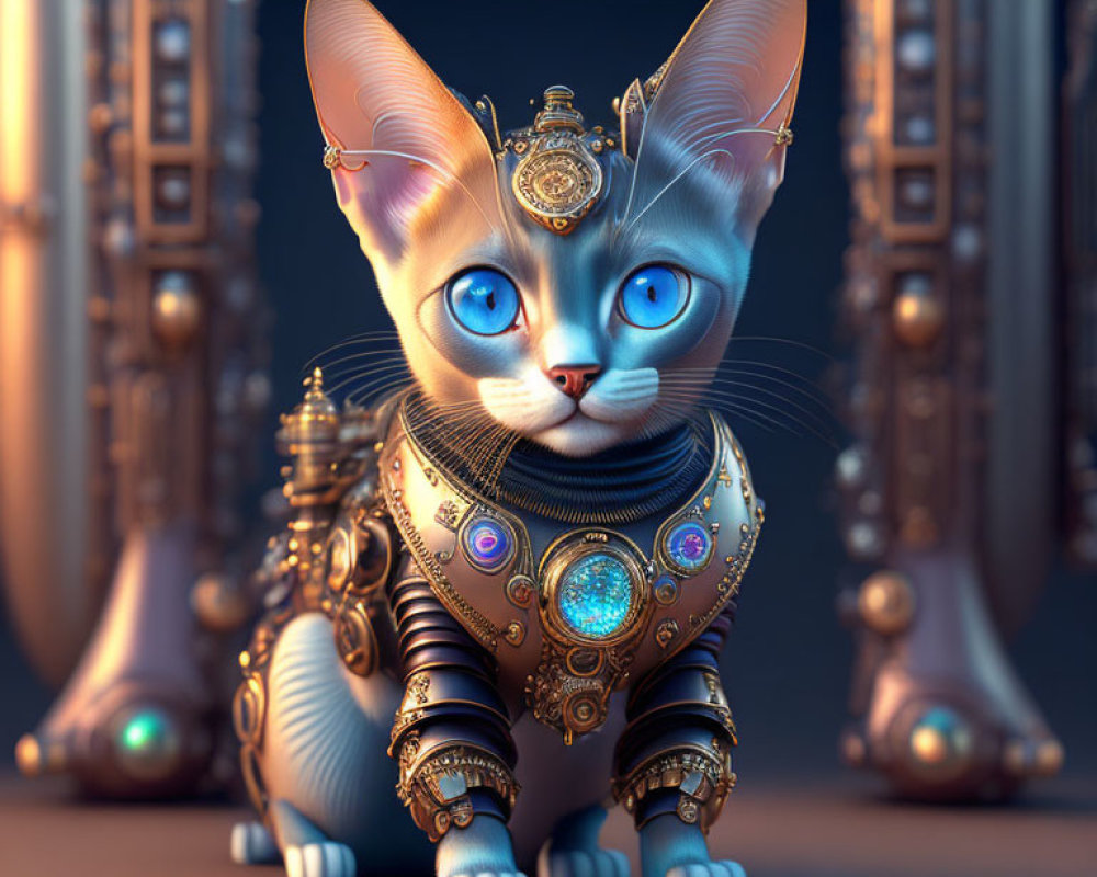 Detailed 3D Steampunk Cat Illustration with Brass Textures and Gears