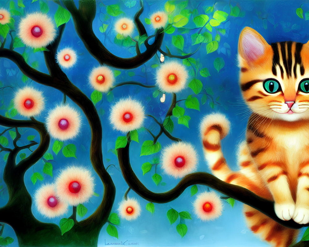 Vibrant illustration of wide-eyed orange tabby kitten on whimsical tree branch