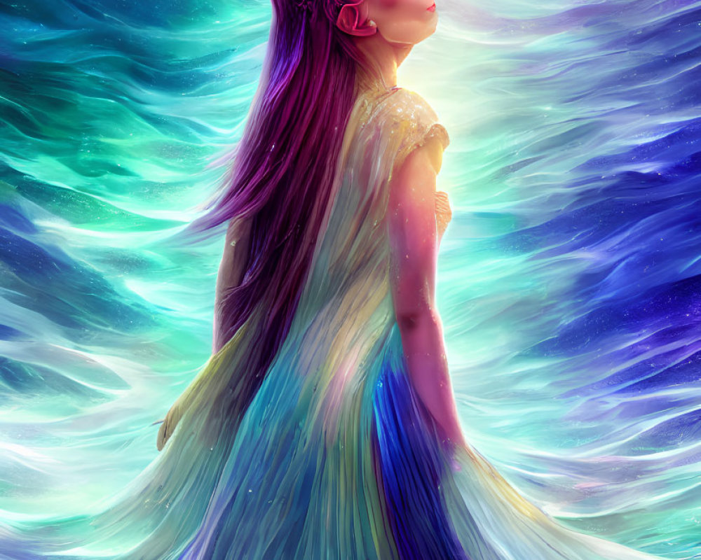 Colorful flowing gown woman in cosmic backdrop.