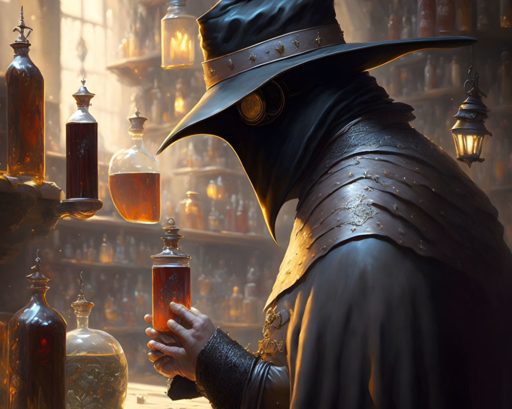 Mysterious figure in wide-brimmed hat inspects potion in dimly lit alchemy shop