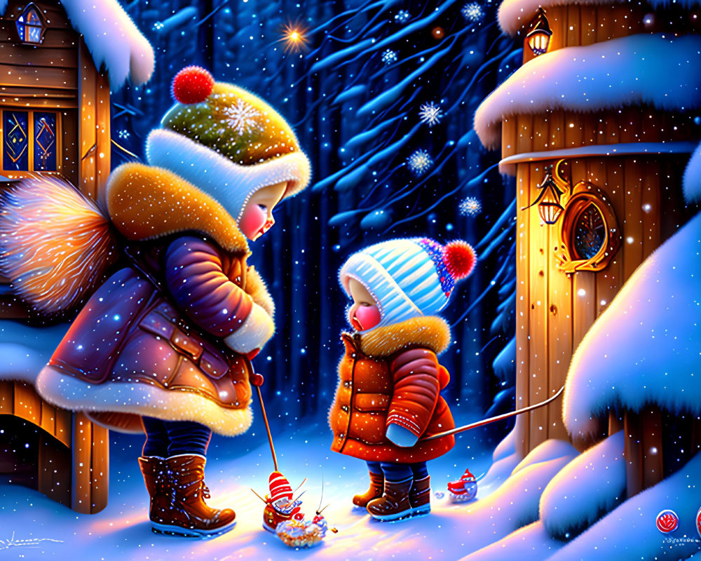 Children in winter clothing by warmly lit house in snowy scene