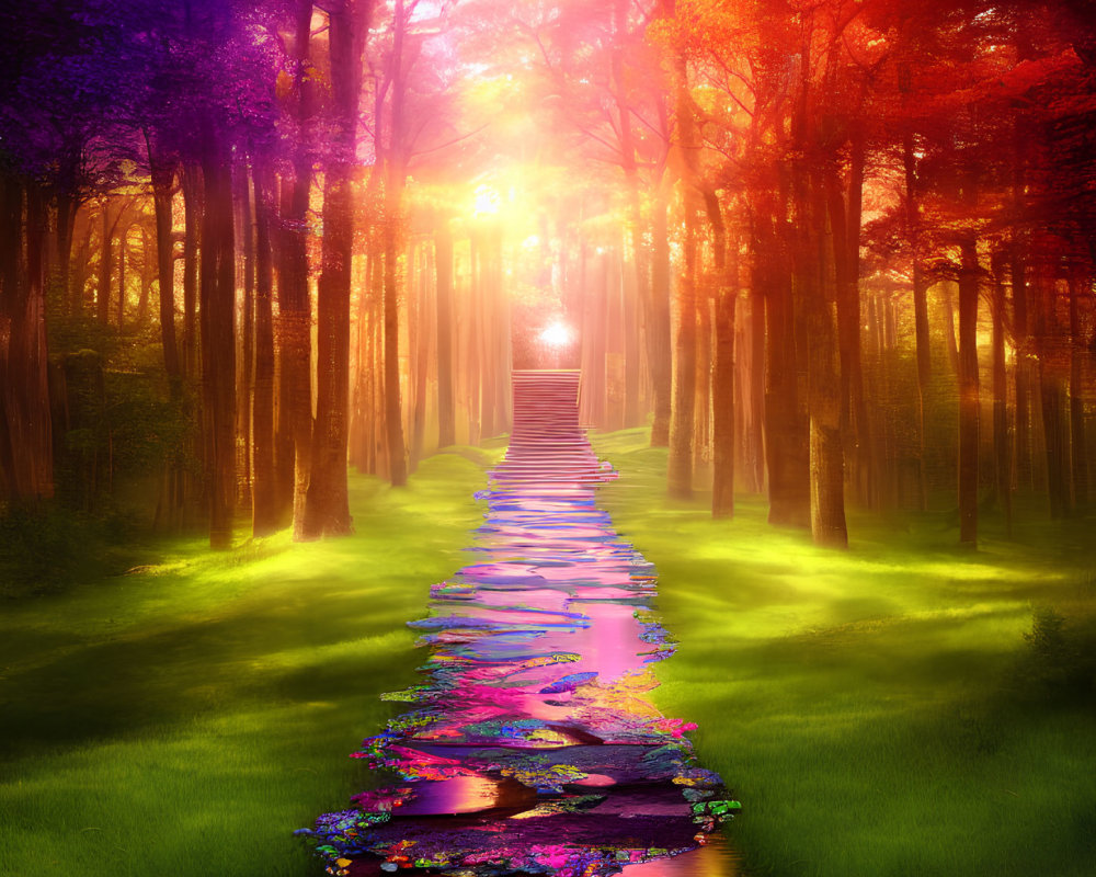 Colorful Trees and Sunlit Path in Vibrant Forest Scene