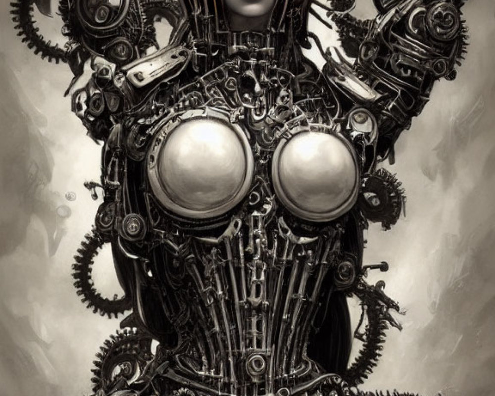 Intricate steampunk-style robotic figure with gears and goggles