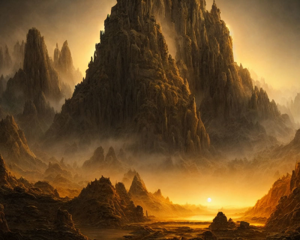 Majestic landscape with towering jagged peaks under warm sun glow