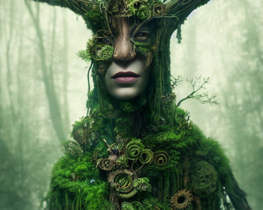 Mystical forest spirit with branch crown in foggy woodland