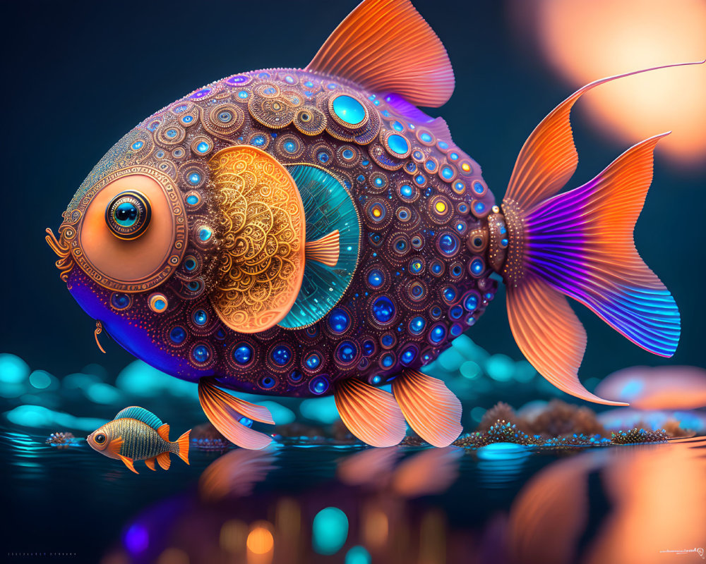 Stylized ornate fish with intricate patterns in blue underwater scene